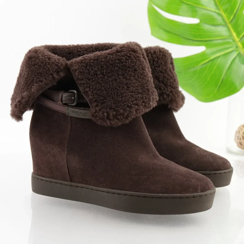 Coach Womens Norell Boots Size 6.5 Brown Suede Hidden Wedge Sherpa Lined Booties